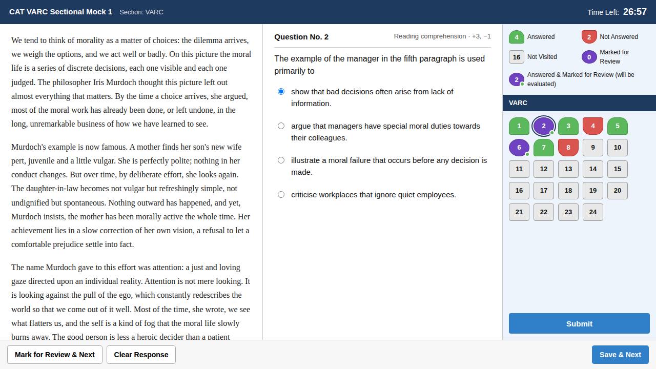 GRADFLIX CAT VARC mock on a CAT-style screen: passage, question, palette with colour codes, and Save & Next buttons